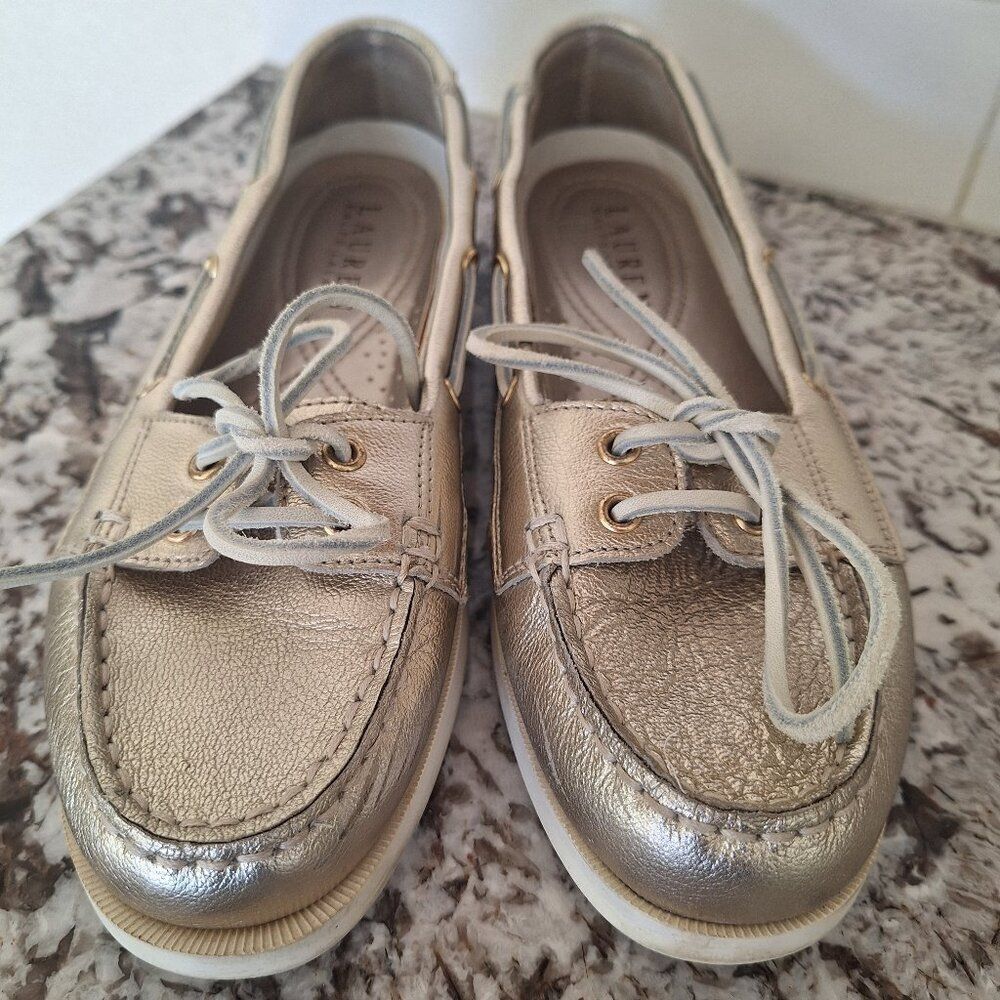 Lauren Ralph Lauren (Yarina) Leather Metallic Gold Tone Boat Deck Shoes size 8B